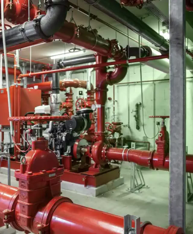 Brandschutz-Ingenieure mit Plänen und Modellen auf einem Tisch