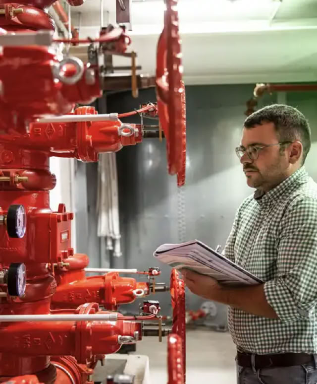 Brandschutz-Ingenieure mit Plänen und Modellen auf einem Tisch