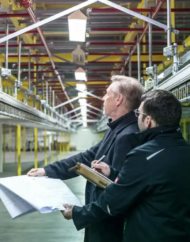 Brandschutz-Ingenieure mit Plänen und Modellen auf einem Tisch