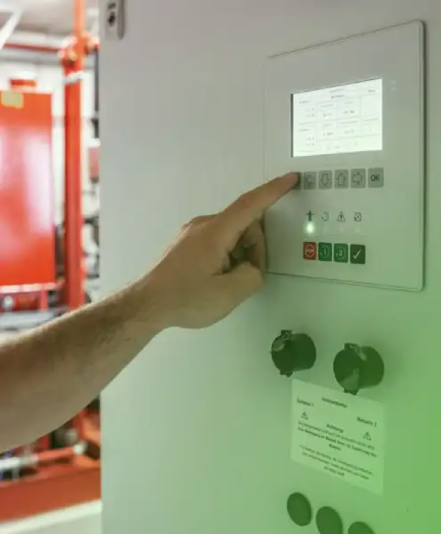 Brandschutz-Ingenieure mit Plänen und Modellen auf einem Tisch